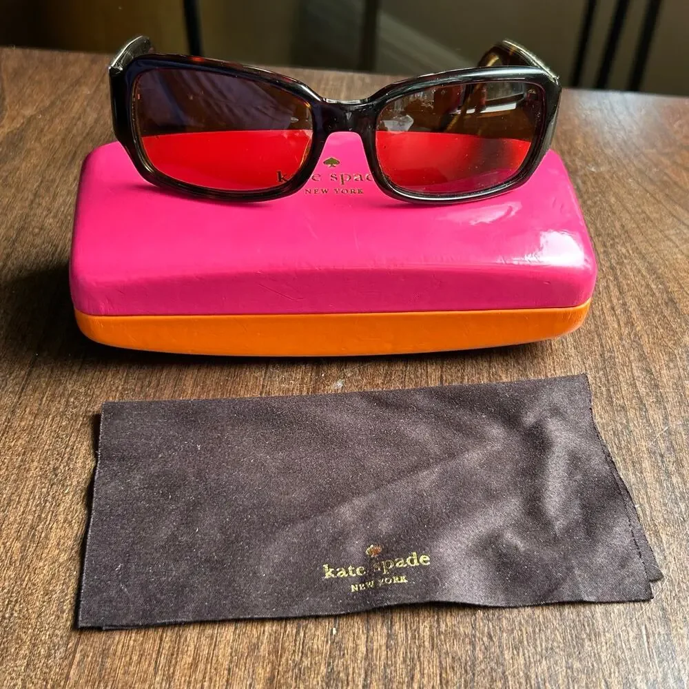 Kate Spade Tortoise Lucite Rectangle Sun Glasses Floral Temples FREDA